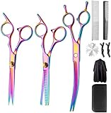 Professional Hair Cutting Scissors Set, 10Pcs Multicolor Haircut Scissors Thinning Shears Multi-Use with Dog Grooming Scissors Comb Perfect for Hair Stylist or Home Use for Women Men Kids Pet