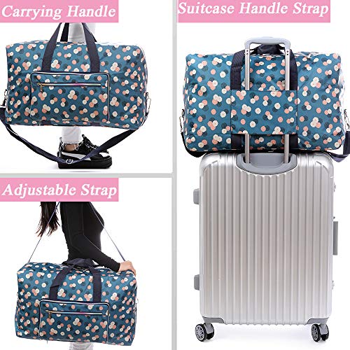 Foldable Travel Duffle Bag for Women Girls Large Cute Floral Weekender Overnight Carry On Bag for Kids Checked Luggage Bag (A-Blue flower)