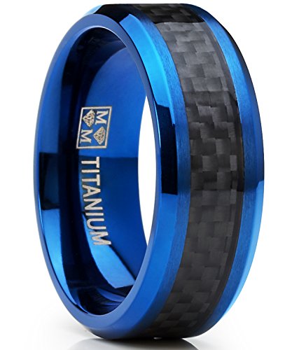 Men's Titanium Wedding Band, Engagement Ring, Blue Ion Plating and Black Cardon Fiber Inlay 8-13