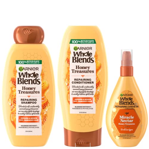 Garnier Whole Blends Honey Treasures Repairing Shampoo, Conditioner + Miracle Nectar Leave-In Set For Dry, Damaged Hair (3 Items), 1 Kit (Packaging May Vary) #TOP19