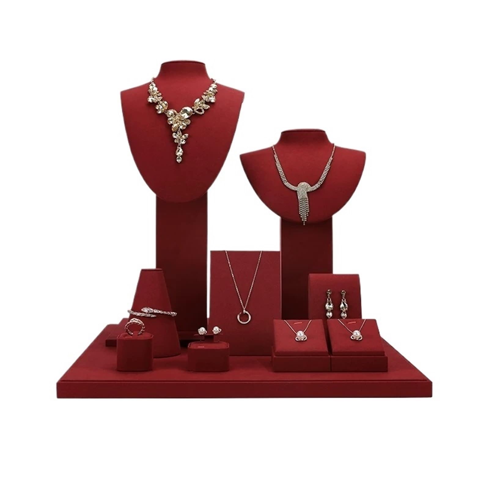 WANGHAI-666 Jewelry Rack 11-Piece Red Microfiber Jewelry Display Stand Set for Retail Home