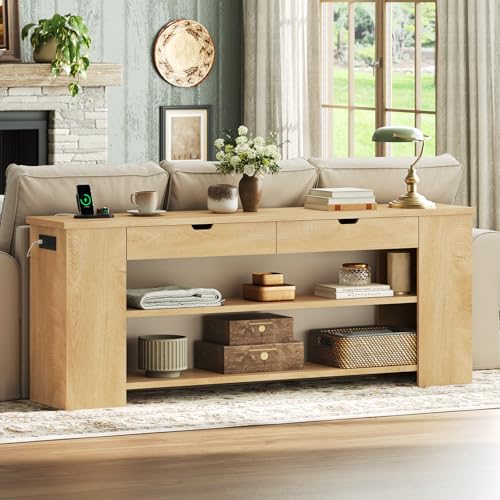 Image of 71.8 Inch Extra Long Console Table with Drawers, Farmhouse Long Console Table with Shelves & Built-in Outlets, Entryway Table with Storage for Living Room, Entryway, Natural
