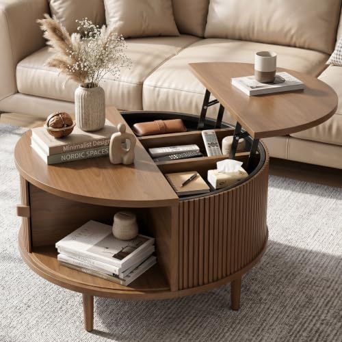 Image of Round Lift Top Coffee Table, 31.5 Inch Mid Century Modern Center Table with Hidden Storage & Sliding Door, Fluted Walnut Drum Table for Living Room
