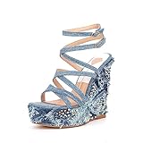 wokismd 14cm/5.51in tacchi a zeppa con sandali con cinturino in denim da donna alla moda,blu,35 eu