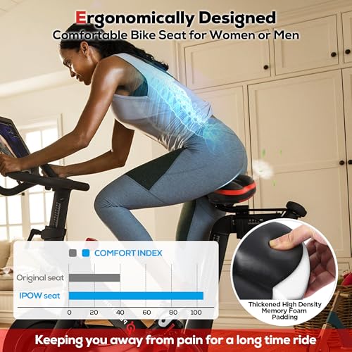 IPOW Comfort Bike Seat for Women or Men, Bicycle Saddle Replacement Padded Soft High Density Memory Foam with Dual Shock Absorbing Rubber Balls Suspension Universal Fit for Indoor/Outdoor Bikes/Red