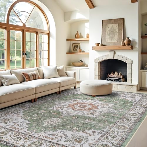 RUUGME Washable 9x12 Area Rugs - Large Boho Rugs for Living Room Kitchen Stain Resistant Carpet Vintage Tribal Rugs for Bedroom with Non Slip Backing Decor Floor Decoration Mat 9x12 Sage/Green