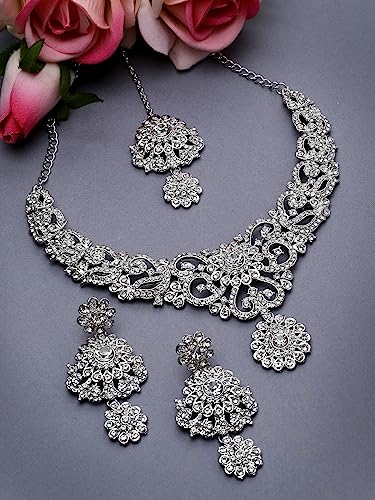 Sukkhi Magnetic Rhodium Plated Silver AD White Stone Collar Bone Necklace Set With Earring And Maangtika | Jewellery Set For Women (NS105694) - Image 4