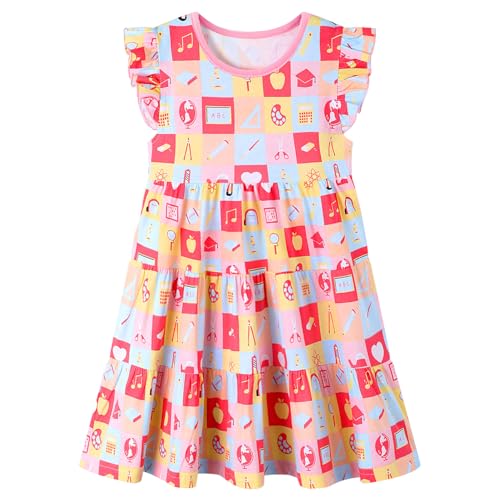 Image of HILEELANG Girls Cotton Tiered Dress Flutter Ruffle Sleeve Summer Swing Sundress Birthday Party Casual Outfit Colorblock 2-12Y
