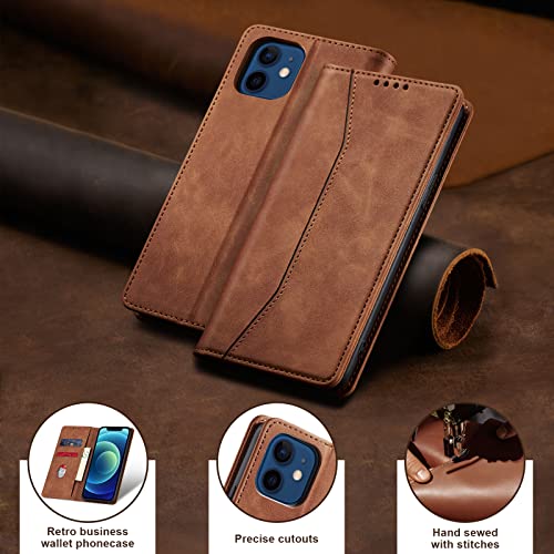 Image of Jasonyu Flip Wallet Case for iPhone 12,Leather Magnetic Folio Cover with Card Holder,Kickstand - TPU Shockproof Durable Protective Phone Case,Brown