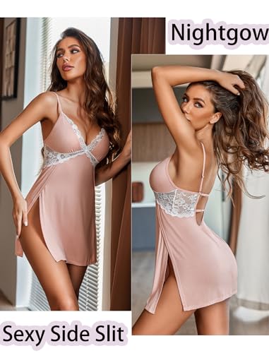 Image of Avidlove Women Lingerie Lace Chemise Sexy Nightgown Modal Babydoll Side Slit Sleepwear