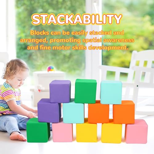 Foam Blocks for Toddlers, 12 PCS Soft Building Blocks for Kids, Large Foam Cubes Colourful Stacking Block Sets - Throw & Play Toys with Washable Cover(Pink, Light Blue, Yellow, Orange, Green, Purple) - image 5
