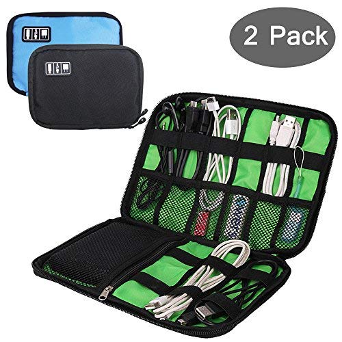 YuCool Cable Organizer Electronics Accessories Case, 2 Pack Portable Travel Bag for Hard Drive, USB, Phone Charger, Charging Cable, Power Bank - Black, Blue - Thumbnail 2