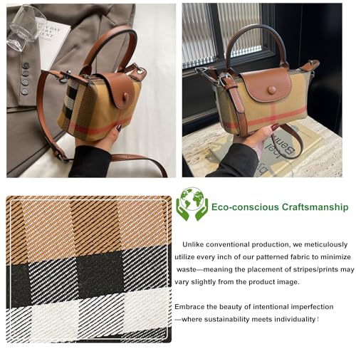 Mini Plaid Canvas Handbag for Women PU Leather Top Handle Checked Bucket Hand Bag4