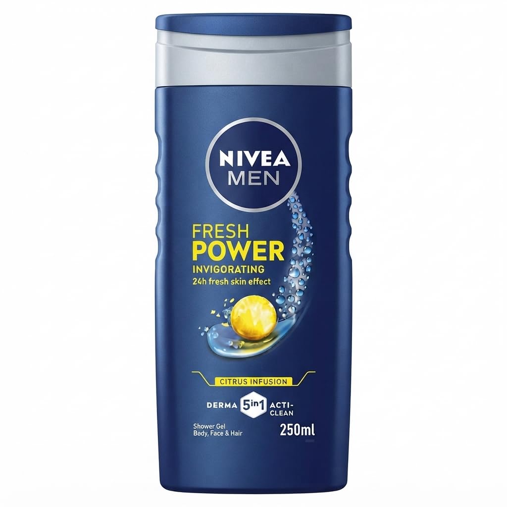 NIVEA MEN Power Fresh Shower Gel 250ml – Long-Lasting Fresh Body Wash & Shampoo for Men with a Bold, Powerful Fresh Scent, Rich Lather Cleans Body and Hair for All-Day Freshness and Confidence