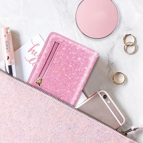 Image of Small Womens Glitter Wallet Thin Credit Card Holder Pocket | Compact Women Slim RFID Blocking Bling Wallets Bifold Ladies Mini Purse Pocket for Travel & Daily Use, Pink