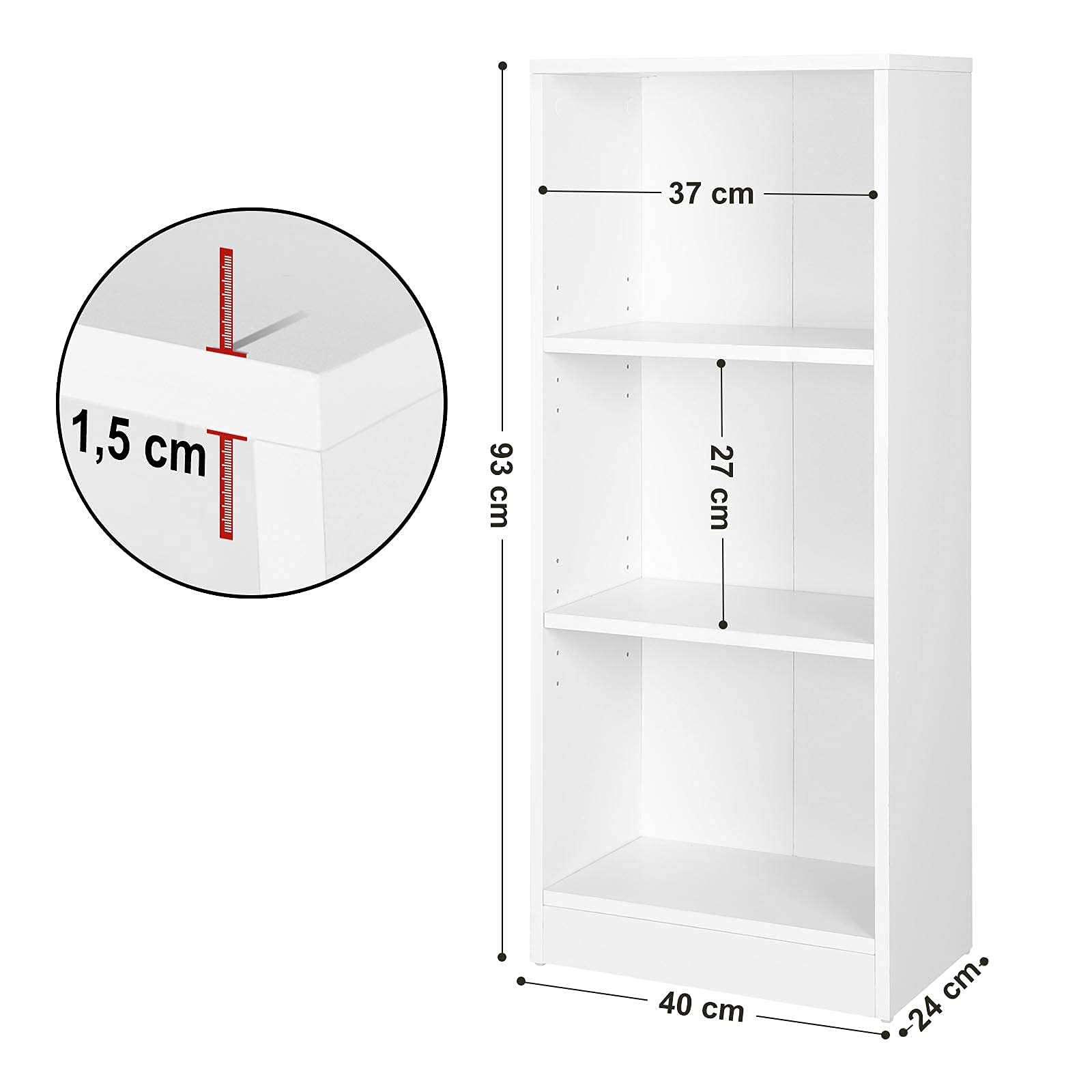 VASAGLE Libreria a 3 Scomparti con Ripiani Regolabili, Scaffale Porta Libri e Documenti per Soggiorno, Camera da Letto, Cameretta e Ufficio, 40 x 24 x 93 cm, Bianco LBC103W