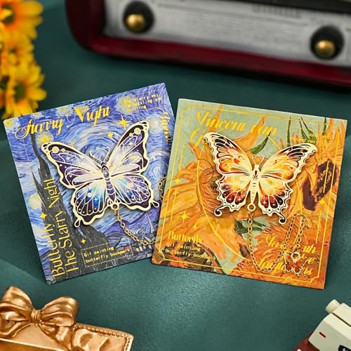 4 Pieces Golden Metal Butterfly Bookmarks with Chain, Art Oil Painting Scenery Bookmarks, Colorful Butterfly Book Marks Gifts for Book Lovers, Readers — view 6