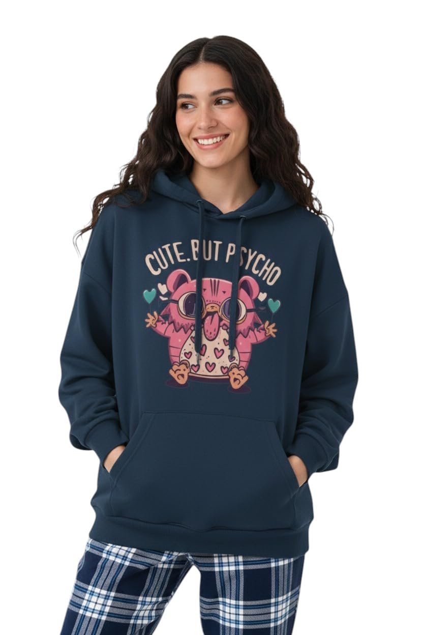 bounce back apparels Cute BUT PYSCHO Printed Women's Hoodie, Full Sleeve, Soft Cotton Blend, Navy, Casual Winter Wear-picture-15