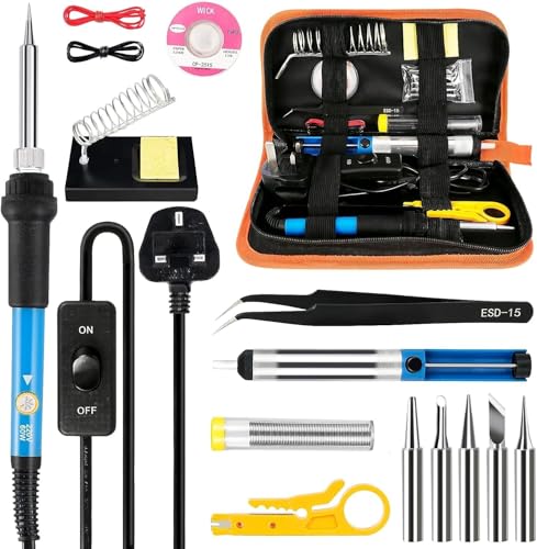 Jfadg Soldering Iron Kit Soldering-Iron Gun with Adjustable Temp and ON/Off Switch 5 Soldering Tips Desoldering Pump Solder Wire 2 in 1 Wire Stripper Cutter Soldering Iron Stand Tool Case