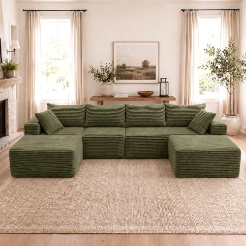 Image of Claiks 132 inch Boneless Couch, U-Shape Corduroy Sectional Sofa, Green