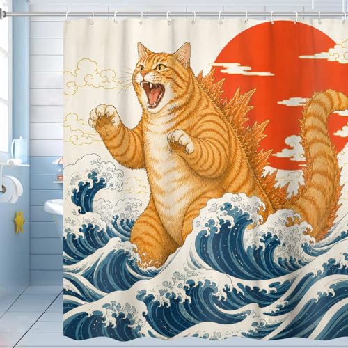 Image of Funny Shower Curtain, Vintage Japanese Cat Art Anime Sunset Wave Shower Curtains for Bathroom, Animal Cat Japan Fabric Bathroom Decor, with Hooks 72x72 Inch