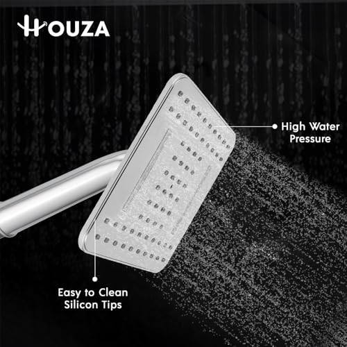 Image of HOUZA Square Shower Head for Bathroom | 4 Inch Single Flow Overhead Shower with Arm | Slim Adjustable Bathroom Shower with Even Water Flow & Rust Resistant | Anti-Clog Silicone Nozzles