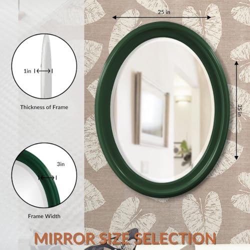 Image of Howard Elliott Collection George Oval Glossy Hunter Green Wall Mirror, Oval Bevelled Hanging Wood Framed Vanity Mirrors for Home Decor, Living Room, Bathroom, Bedroom, or Hallway, 25 x 33 Inch