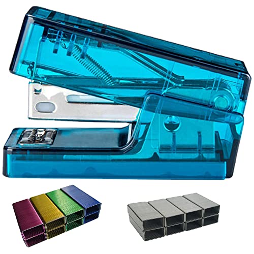Mini Stapler Blue, Office Desk Stapler, Transparent Spring Powered Desktop Stapler, 30 Page Capacity, Small Stapler Size, With 800 Standard Color Staples And 640 Standard Staples(24/6) By Qpeuim #TOP5