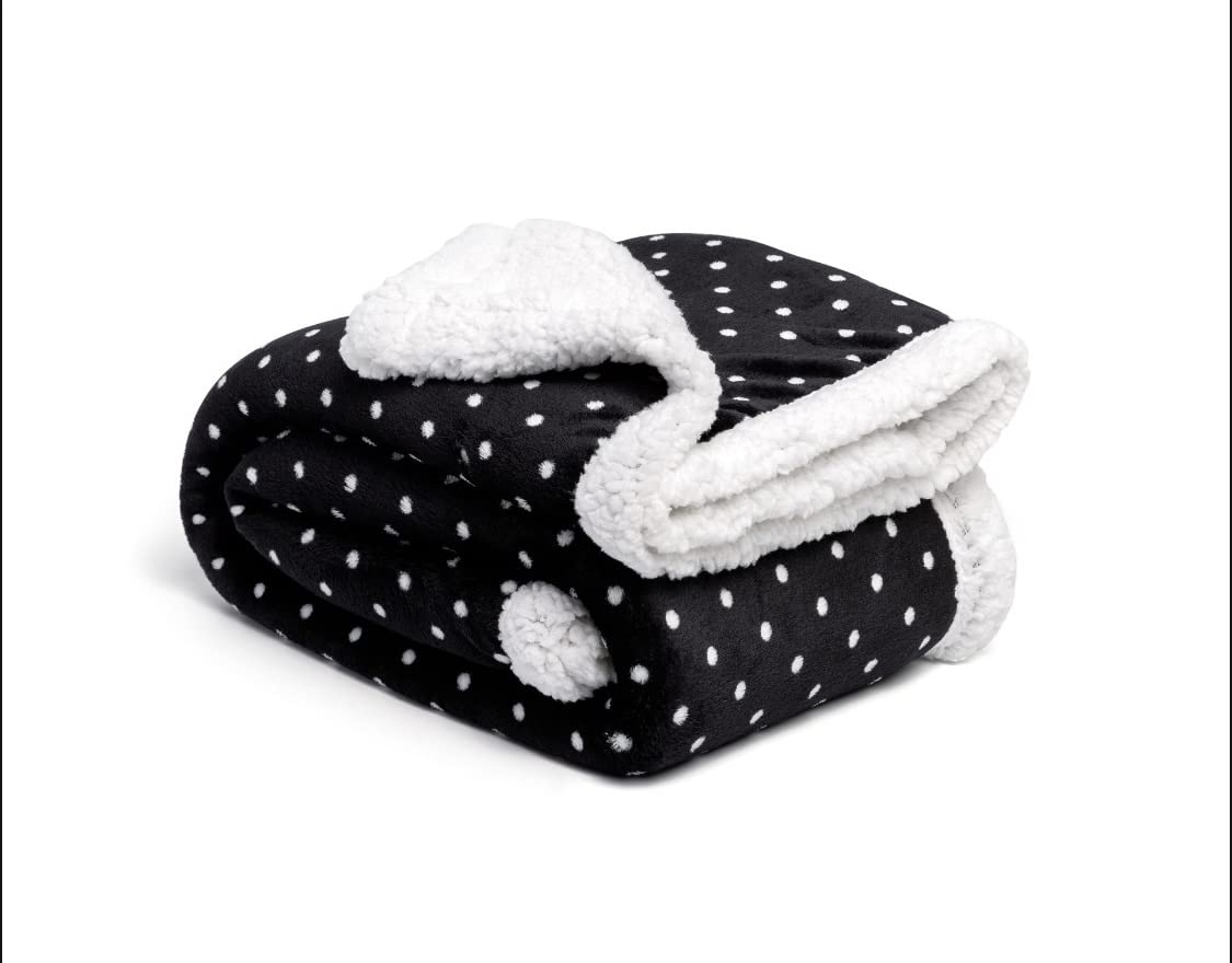 BROOKLYN + JAX Sherpa Fleece Throw Blanket Reversible Super Soft Luxurious Cozy Plush (Throw - 125 x 150 cm, Black Polka Dot)