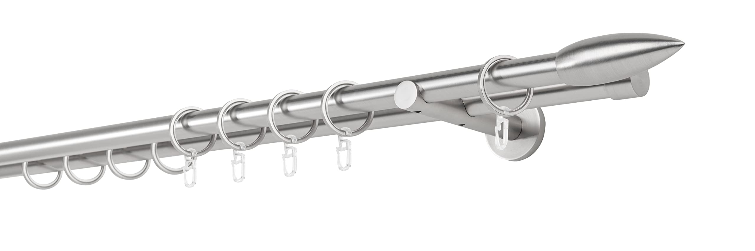 Tringle à rideau sur mesure 20 mm - Cartouche à 2 voies - Support mural de 12 cm - Style avec anneaux pour rideaux - Aspect acier inoxydable - 200 cm