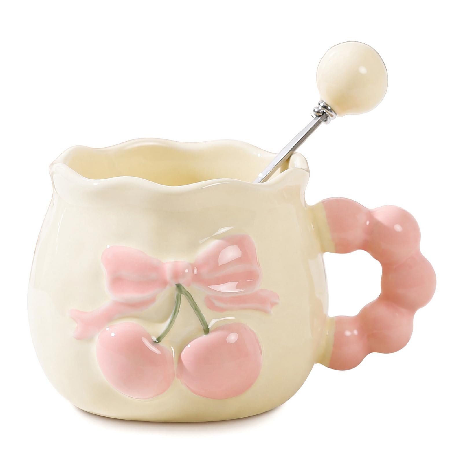 Coffee Mugs with Spoon Set, Yellow 3D Embossed Bow Design, 300ml Creative Cute Ceramic Coffee Mug, Home Decor Valentine'S Christmas Birthday Thanksgiving Day Cute Gifts for Women Girls Bestie Friends