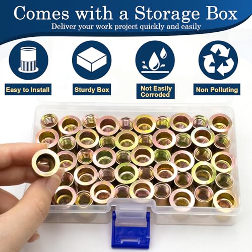 Image of 3 /8''-16 UNC Rivet Nut, 50Pcs Zinc Plated Finish Carbon Steel Flat Head Threaded Insert Nutsert Kit