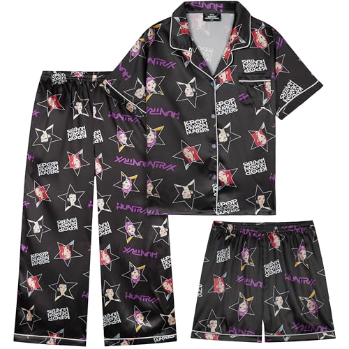 Get Trend KPop Demon Hunters Girls Pajamas Officially Licensed 3-Piece Huntrix PJs Set with Pants & Shorts Satin Nightwear (5-6 Years Black AOP)