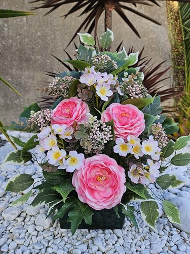 Roselynexpress Composition de Fleurs Artificielles Lestée Ciment pour Une Parfaite Tenue à l' extérieur. Réalisé par nos Soins de très Bonne Qualité....