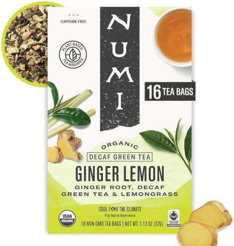 Numi Organic Ginger Lemon Decaf Green Tea, 16 Green Tea Bags, Caffeine Free