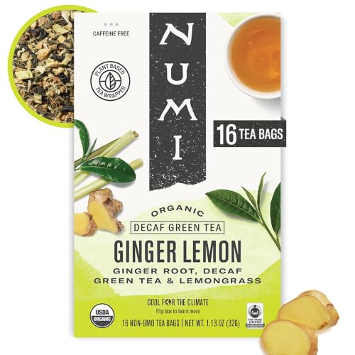 Image of Numi Organic Ginger Lemon Decaf Green Tea, 16 Green Tea Bags, Caffeine Free