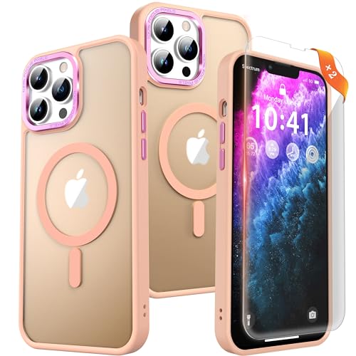 RFUNGUANGO for iPhone 13 Pro Max Case Compatible with Magsafe, with 2X Tempered Glass Screen Protector, 2X Camera Lens Protector, 360° Full Body Shockproof Heavy Dropproof, Princess Pink