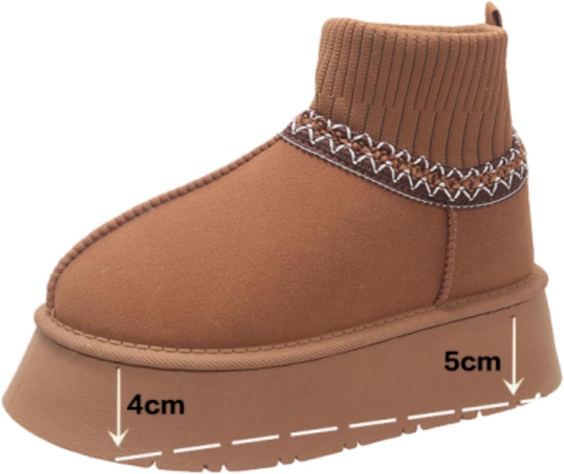 Women's Black Knit-Cuff Snow Boots - Trendy Fleece-Lined Chunky Sole Warm Ankle Boots, Stylish Winter Footwear for Daily & Cold-Weather Wear