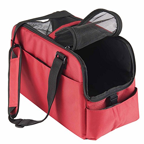 Petcomer Sac de Transport pour Chien Chat en Avion Sac Respirant à Main en Bandoulière en Maille et Oxford Super Solide (Rouge)