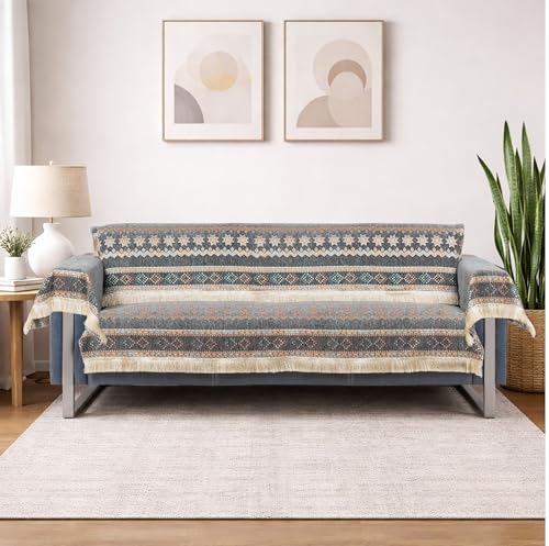 Image of Elegant Woven Grey Sofa Cover - Soft Chenille Traditional Pattern with Lace Style | L-Shape Sectional Seat Protector for Living Room | Durable & Stylish Slipcover 3 Seater with Arms
