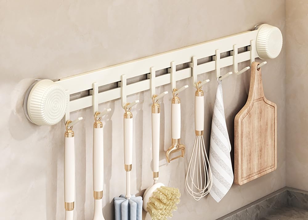 LNGFSH Kitchen Rail with Hooks Suction Cup, Carbon Steel Utensils Rack with Sliding Hooks Wall Mounted, Utensil Holder for Pans, Spoons, and Shovels, Self Adhesive (Beige,with 9 Hooks 50cm)