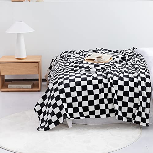 LOMAO Throw Blankets Flannel Blanket with Checkerboard Grid Pattern Soft Throw Blanket for Couch, Bed, Sofa Luxurious Warm and Cozy for All Seasons (Black, 90"x90")