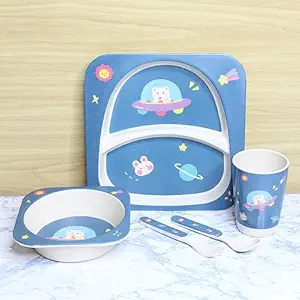 Wonderland Space Style (Set of 5 Pcs) Eco-Friendly Kids Bamboo Fiber Tableware Set/Bamboo Fiber Dinner Set/Dinnerware/Divided Plate for Babies