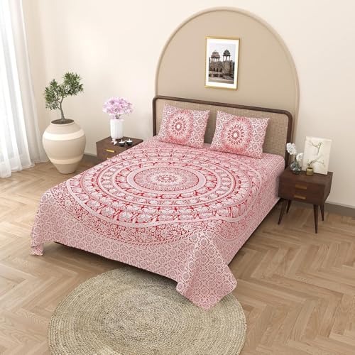 Image of Opulent Collection Double Bedsheet with 2 Pillow Cover | 100% Cotton Bedsheets for Double Bed | Handloom Bedsheet | Size 86x90 inches | King Size (90X102 Inches) (Cadmium Red, King)