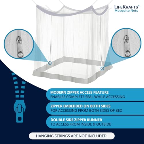 Image of LifeKrafts Bed Mosquito Net - King Size Premium Polyester Machardani (6ft x 6.5ft,Elegant White with Grey Border) | Double Zipper Entry | Washable & Durable Net for Peaceful Sleep