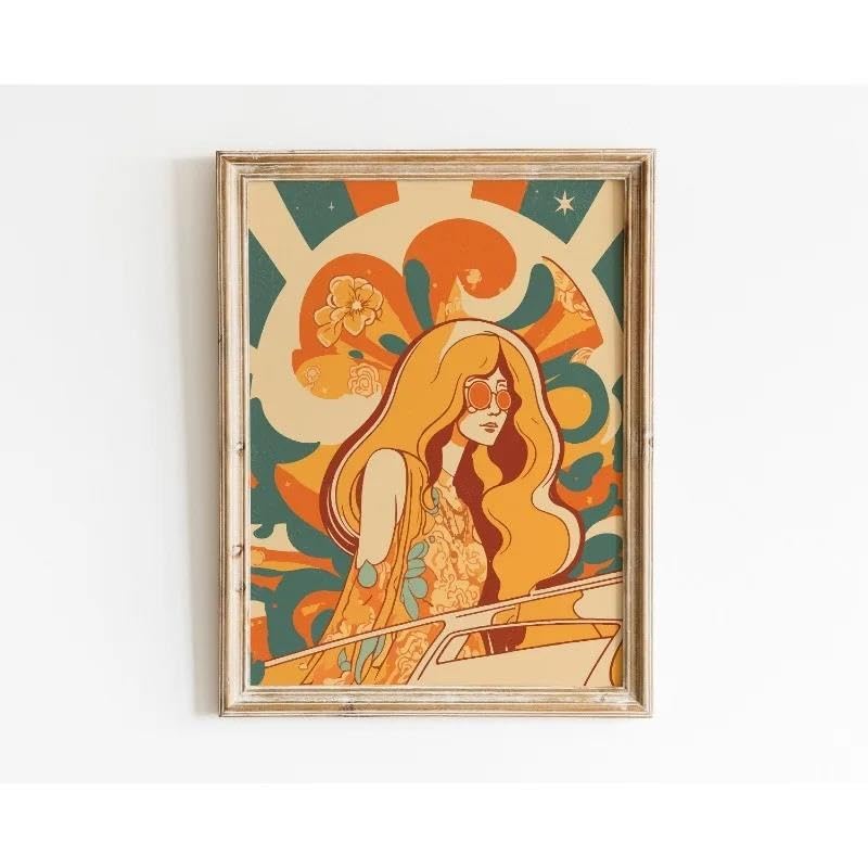 Affiche rétro hippie femme des années 70 chic pour déco murale salon, 20x30cm