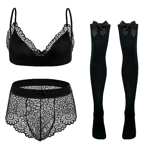 Male Lingerie Set Sissy Costume Outfit for Crossdressing Men Lace Panties Floral Trim Bra Top Stockingss Underwear Set Nightwear 3 Piece Black XL