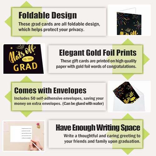 image for PARTYWIND 50 PCS Gold Foil Graduation Greeting Cards with 50 PCS Envel