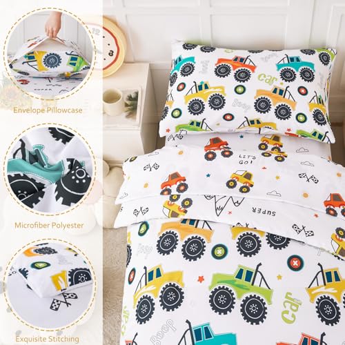 Image of PERFEMET Toddler Bedding Set 4 Pieces Bed Set for Boys All Seasons 1 Deep Pocket Sheet and 1 Lightweight Comforter Soft Cute Colorful Pattern Cozy Children Bedroom Cars White