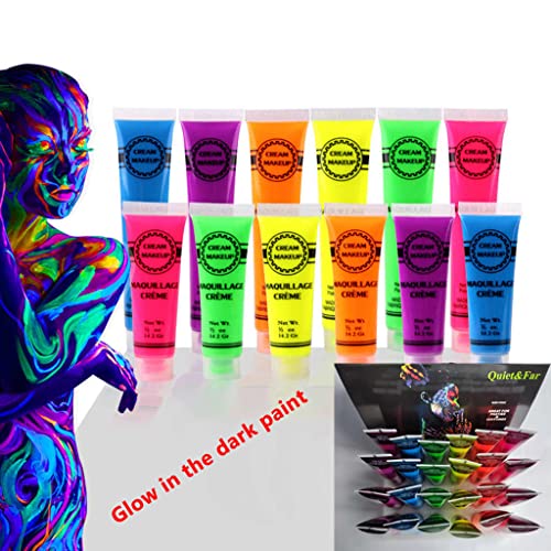 Quiet&Far Body Paint Set With Tubes 24 X 25 Ml / 1 Fl Oz Neon Glow In The Dark Paint Face Paint Blacklight Reactive Fluorescent Paint Non-Toxic #TOP1